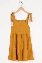 Girl Mustard Colored Strap Front Button Detailed Dress
