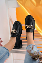 Women's Black Chain Thick Sole Loafer Loafers Gold Chain - Swordslife