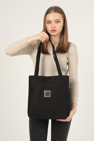 Black U22 3-Compartment Front 2 Pocket Detailed Canvas Fabric Daily Women'S Arm And Shoulder Bag B:35 E:35
