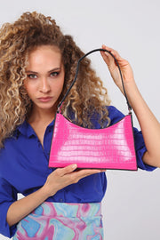 Fuchsia Pink Baguette Baguette Hand- und Schultertasche mit Krokodilmuster Gc009017K