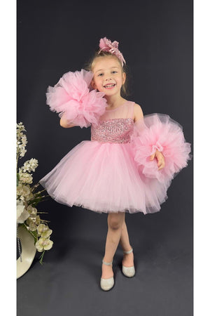 Chiffon Robe Pompom Ärmel Pailletten Mädchen Flauschigen Rock Tüll Abendkleid Rosa