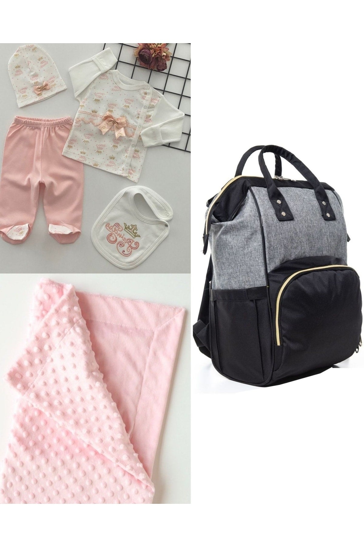 Functional Mother Baby Care Backpack, 100% Cotton Hospital Outlet And Chickpea Blanket Set