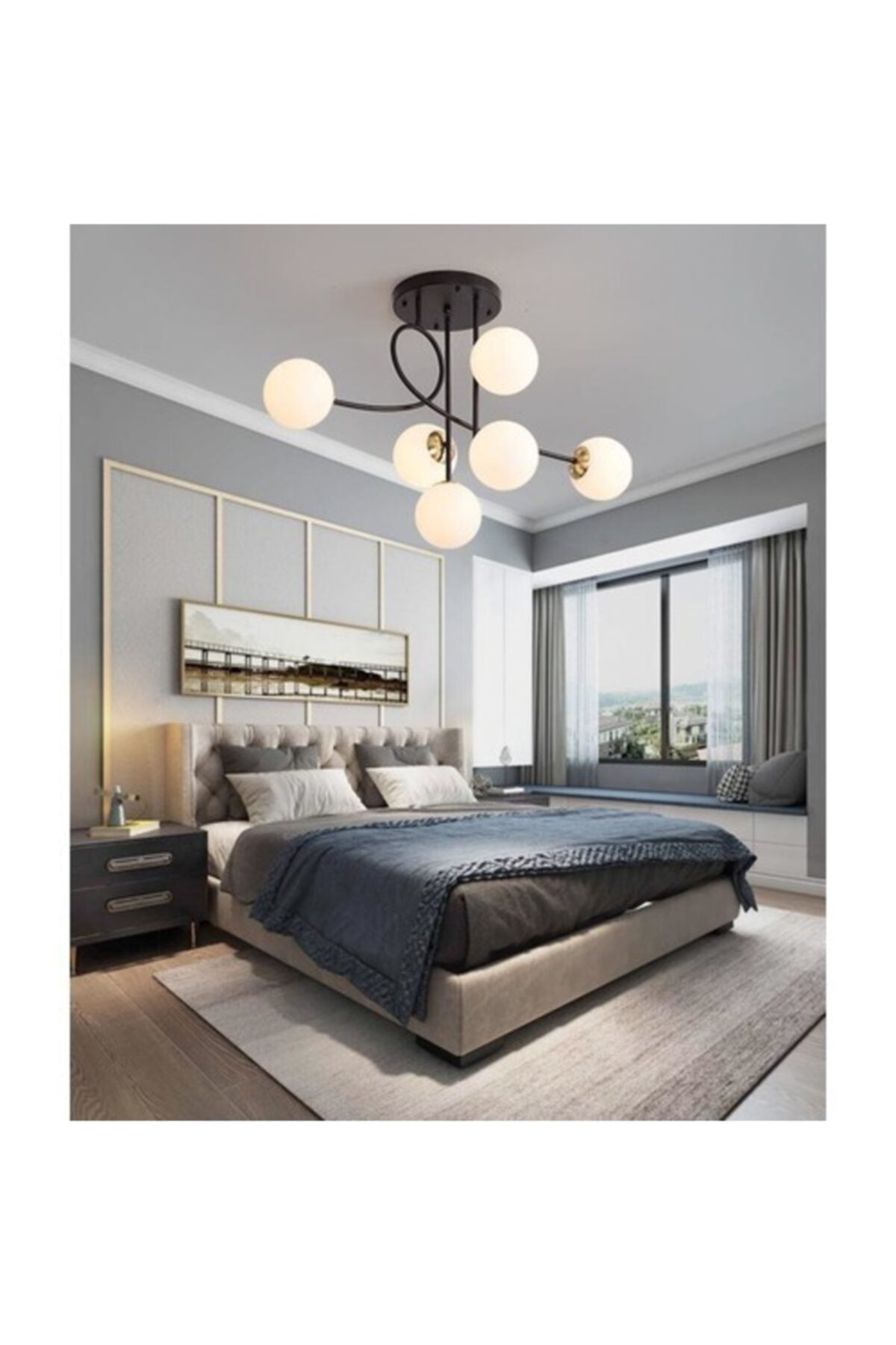 Pare Model Modern Sports Black 6-Globe White Glass Chandelier