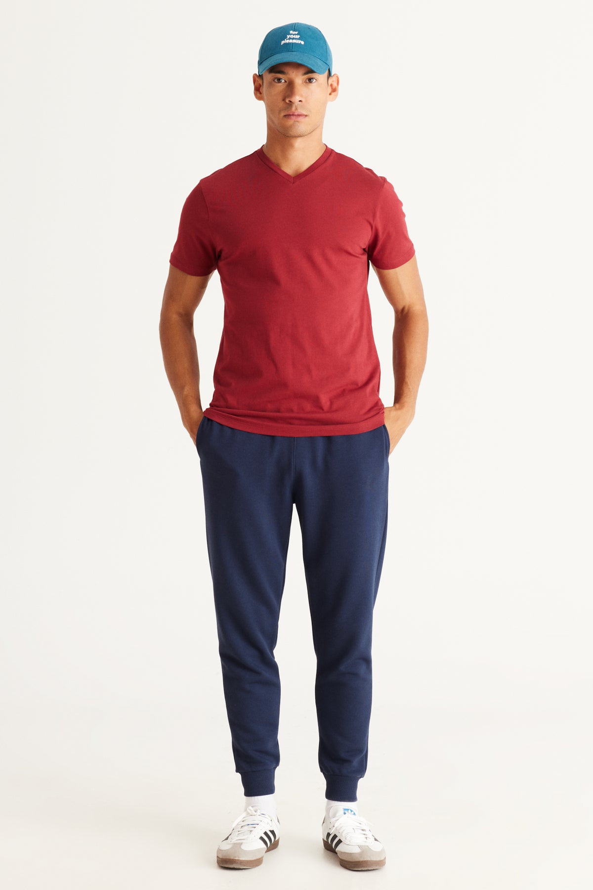 Men's Claret Red Slim Fit Slim Fit V-Neck Cotton V-Neck Short Sleeved T-Shirt