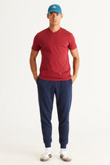 Men's Claret Red Slim Fit Slim Fit V-Neck Cotton V-Neck Short Sleeved T-Shirt