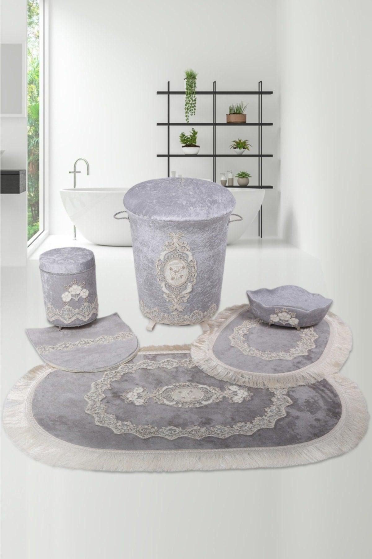 Exclusive Gray 6 Pcs Lacy Bathroom Dirty Laundry Basket Set Bath Mat Set Set - Swordslife