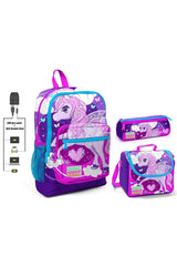 Purple Unicorn Printed Girls' Primary School Bag Set - Usb Output