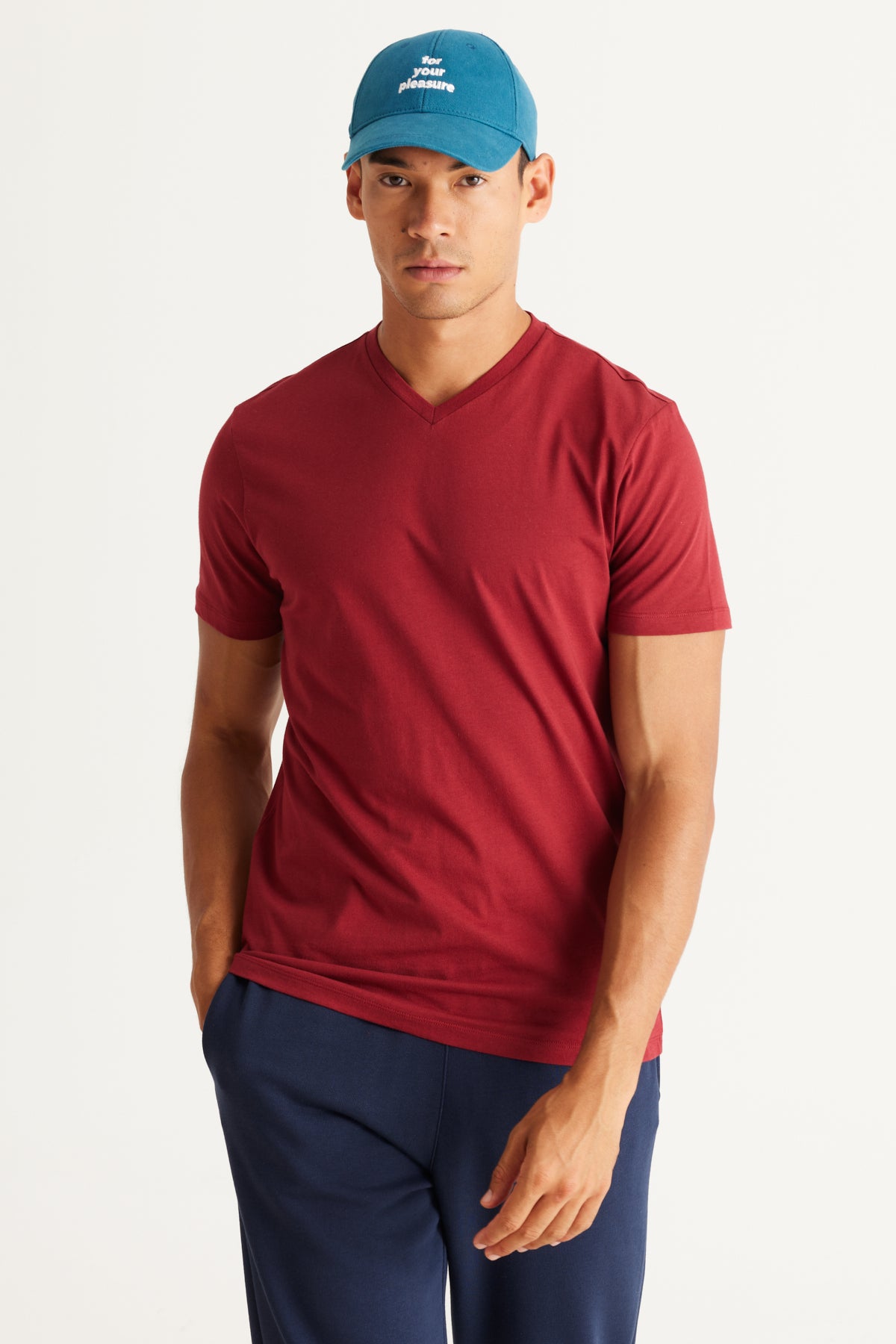 Men's Claret Red Slim Fit Slim Fit V-Neck Cotton V-Neck Short Sleeved T-Shirt