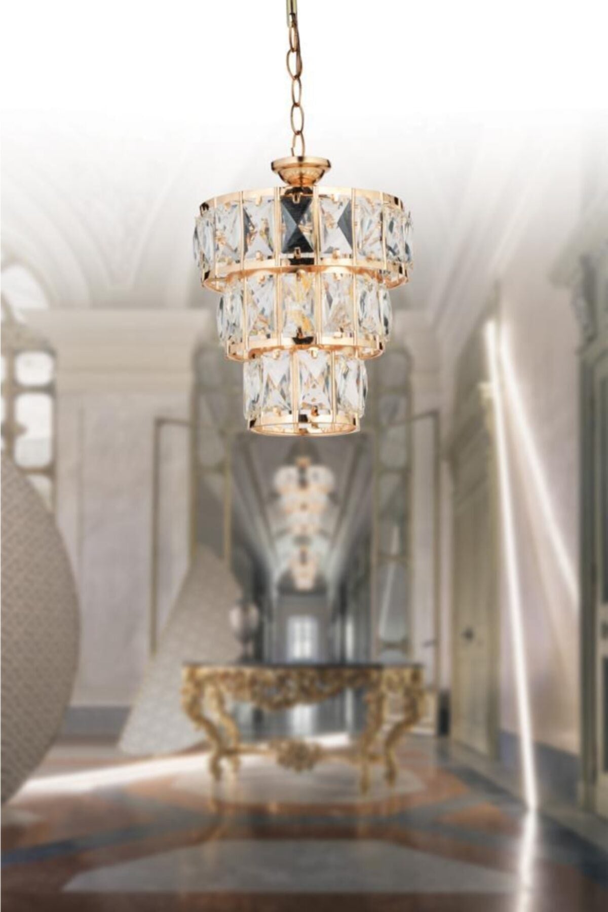 Miraç 3 Tier Crystal Gold Chandelier