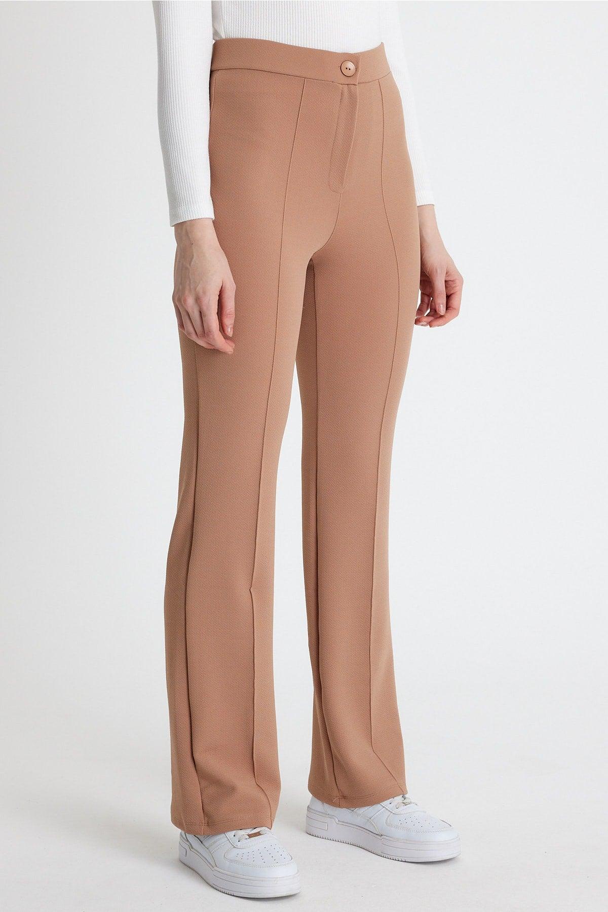 Women's Beige High Waist Gatherer Flared Leg Palazzo Trousers - Swordslife