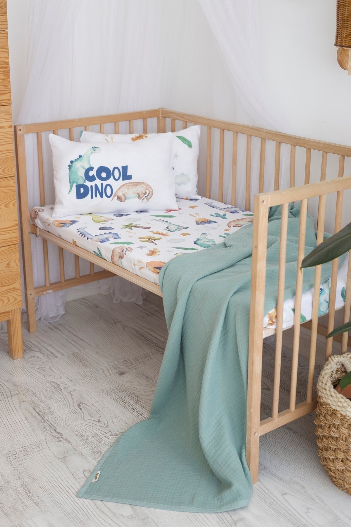 Organic Muslin Picture And Cotton Satin Baby Bedding - Dinosaur And Nature Themed