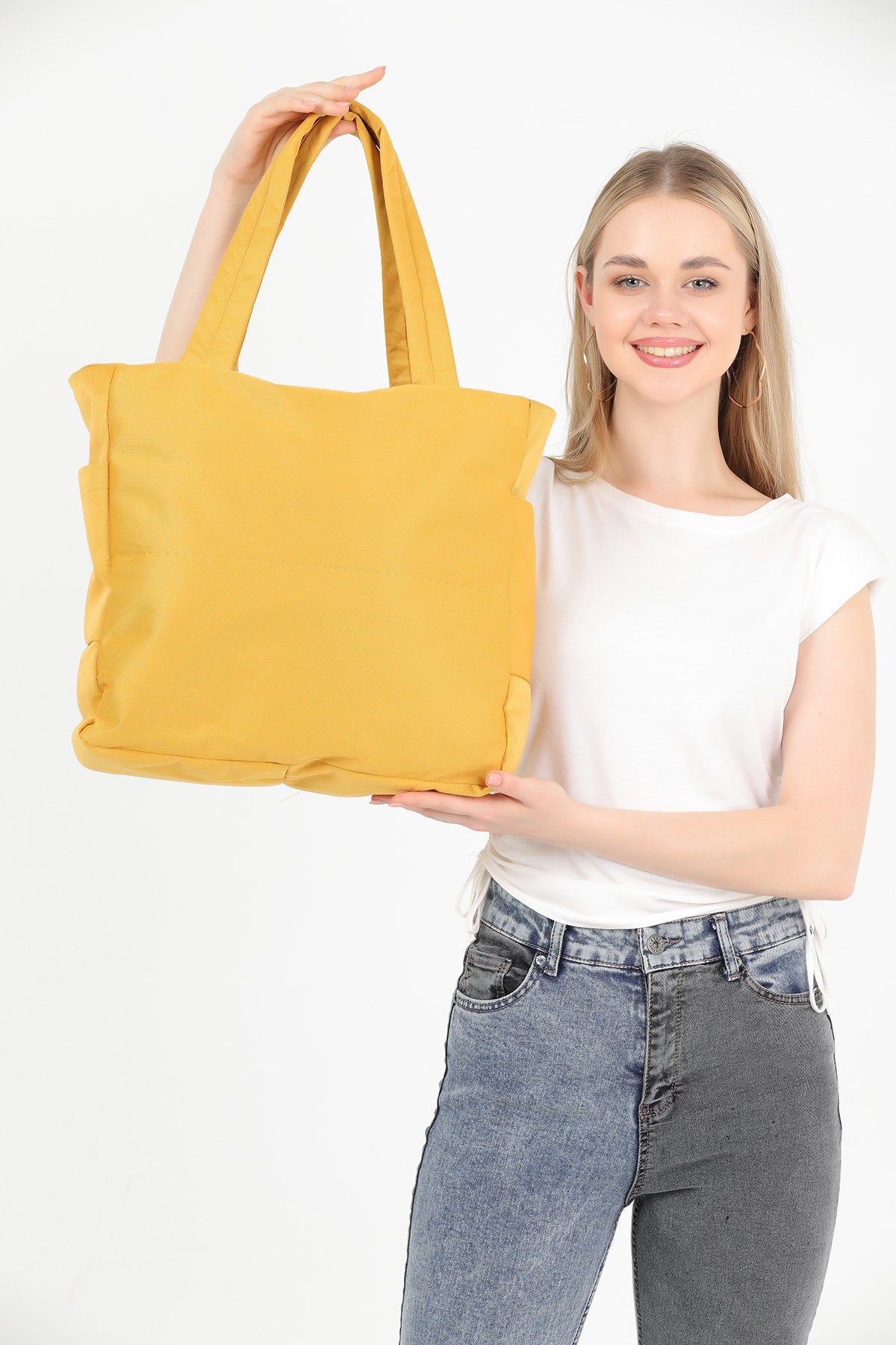 Mustard U25 3 Compartment Side 2 Pocket Detailed Zipper Closure Canvas Women'S Arm And Shoulder Bag B:35 E:35