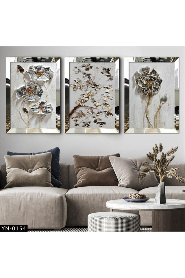 White Background Gray Roses - Silver Mirror Framed Painting Set of 3-hyn-0154 - Swordslife