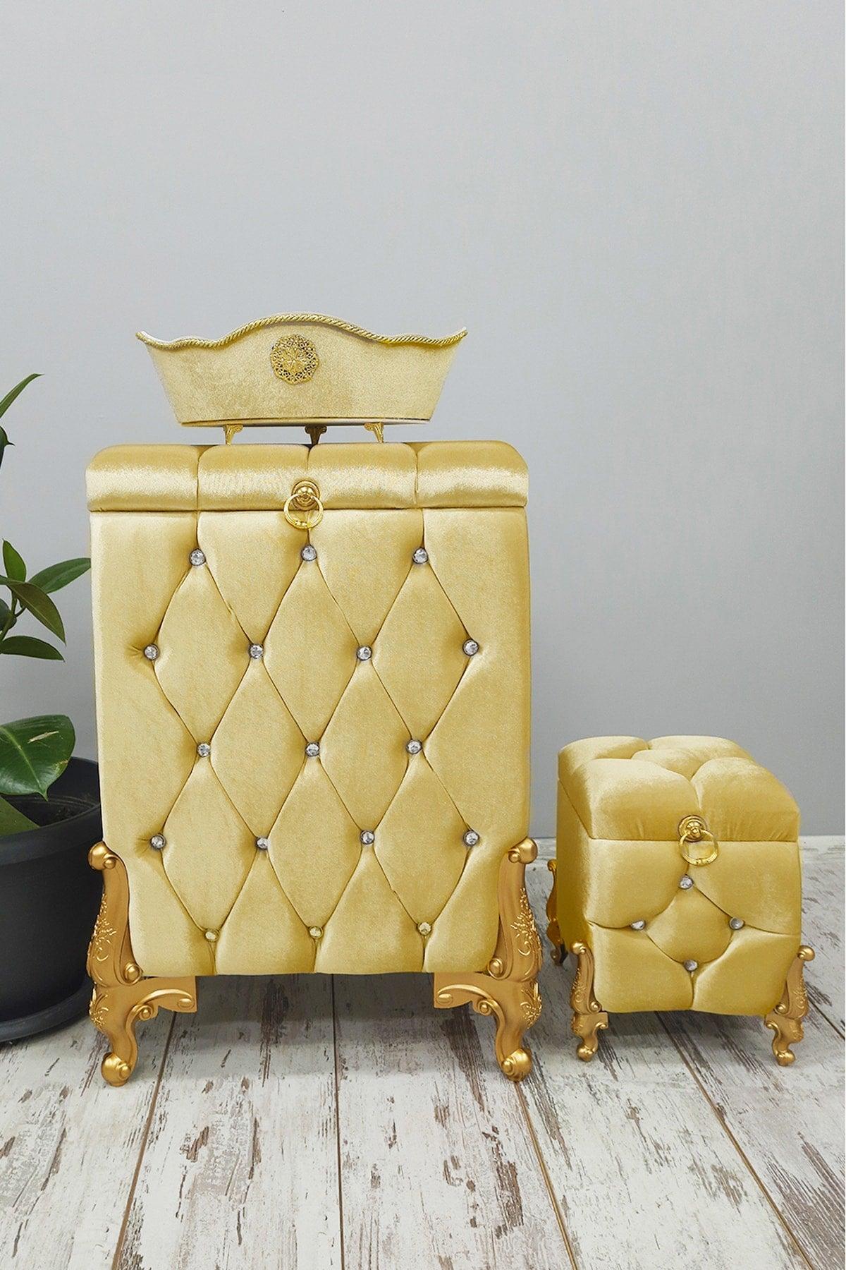 Quilted Gold 3-Piece Bathroom Set Laundry Basket Set Mdf Dirty Basket Set - Swordslife