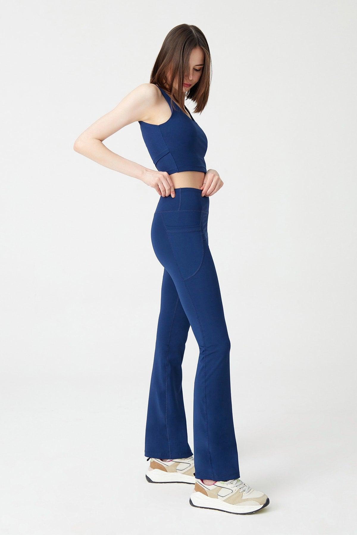 Women's Navy Blue High Waist Gatherer Double Pocket Spanish Leg Leggings Bootcut - Swordslife