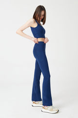 Women's Navy Blue High Waist Gatherer Double Pocket Spanish Leg Leggings Bootcut - Swordslife