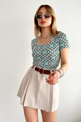 Women's Short Sleeve Square Collar Blue Patterned Blouse - Swordslife