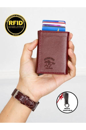 Unisex Leather Aluminum Mechanism Sliding Card Holder Wallet With Paper Money Compartment (7,5X10Cm)