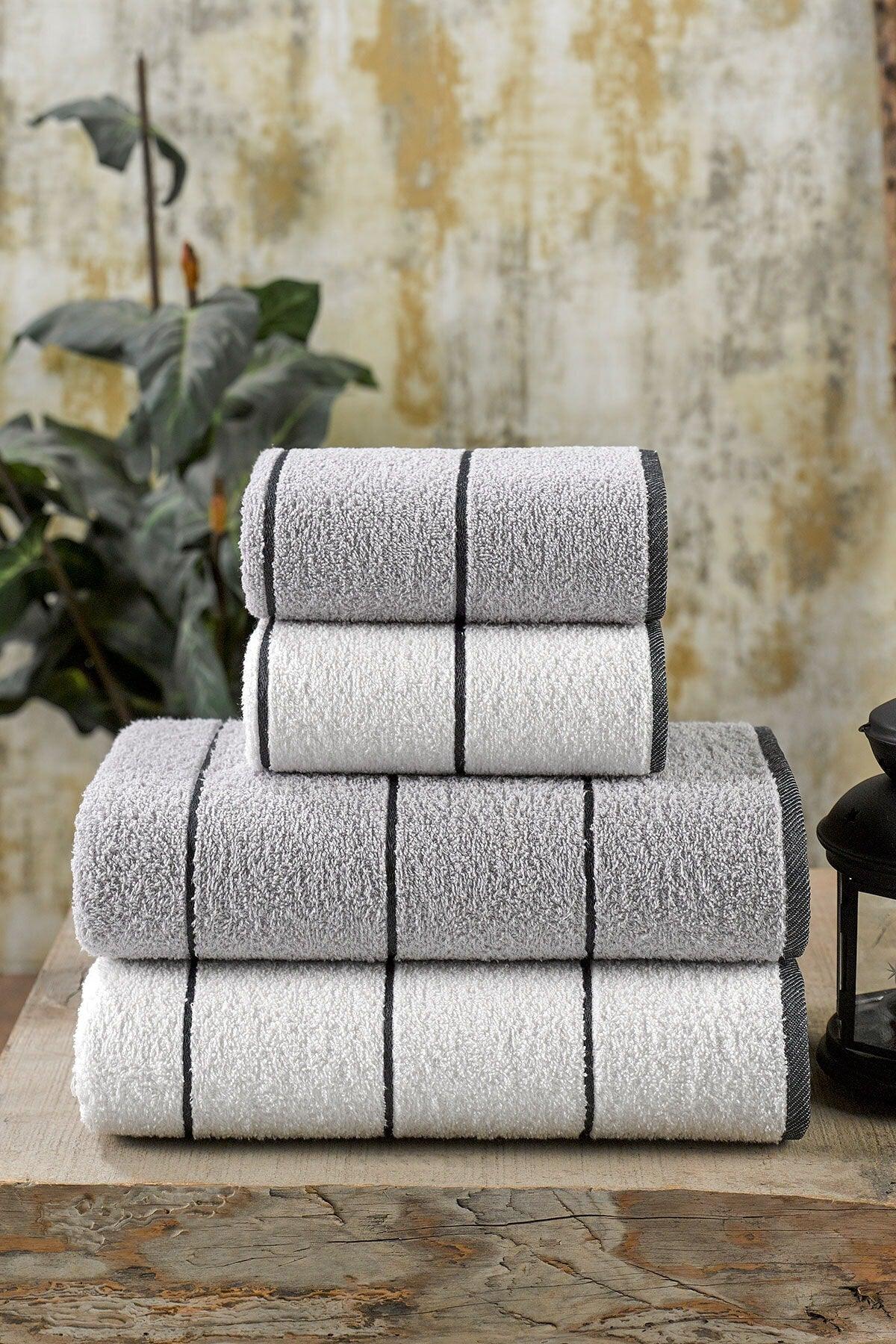 Valona 50 x 85 – 70 x140 cm 4 Pcs Bath Towel Set | gray-cream - Swordslife