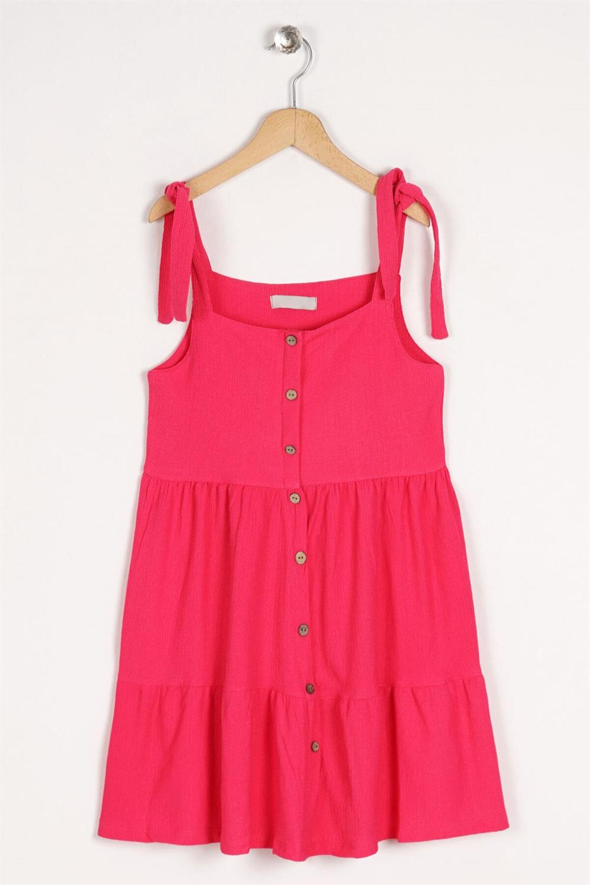 Girl's Fuchsia Colored Strap Front Button Detailed Dress