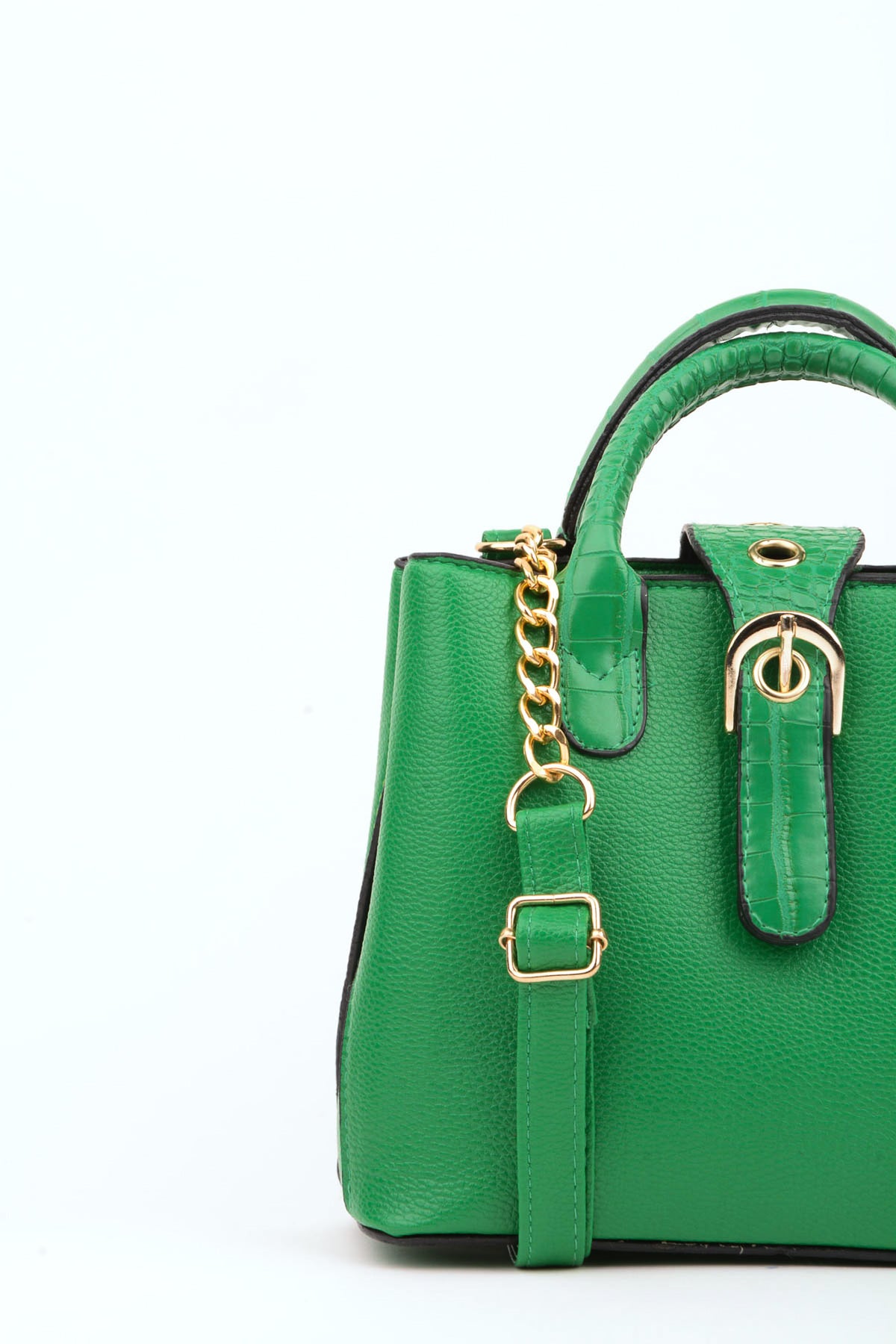 Grüne Hand- und Schultertasche für Damen mit Kroko-Griff, 2 Fächern, Druckknopf-Reißverschluss und Riemen