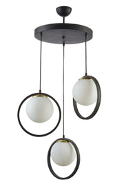 Nina Modern Metal Black Color Ring Closed White Glass 3-Piece Chandelier