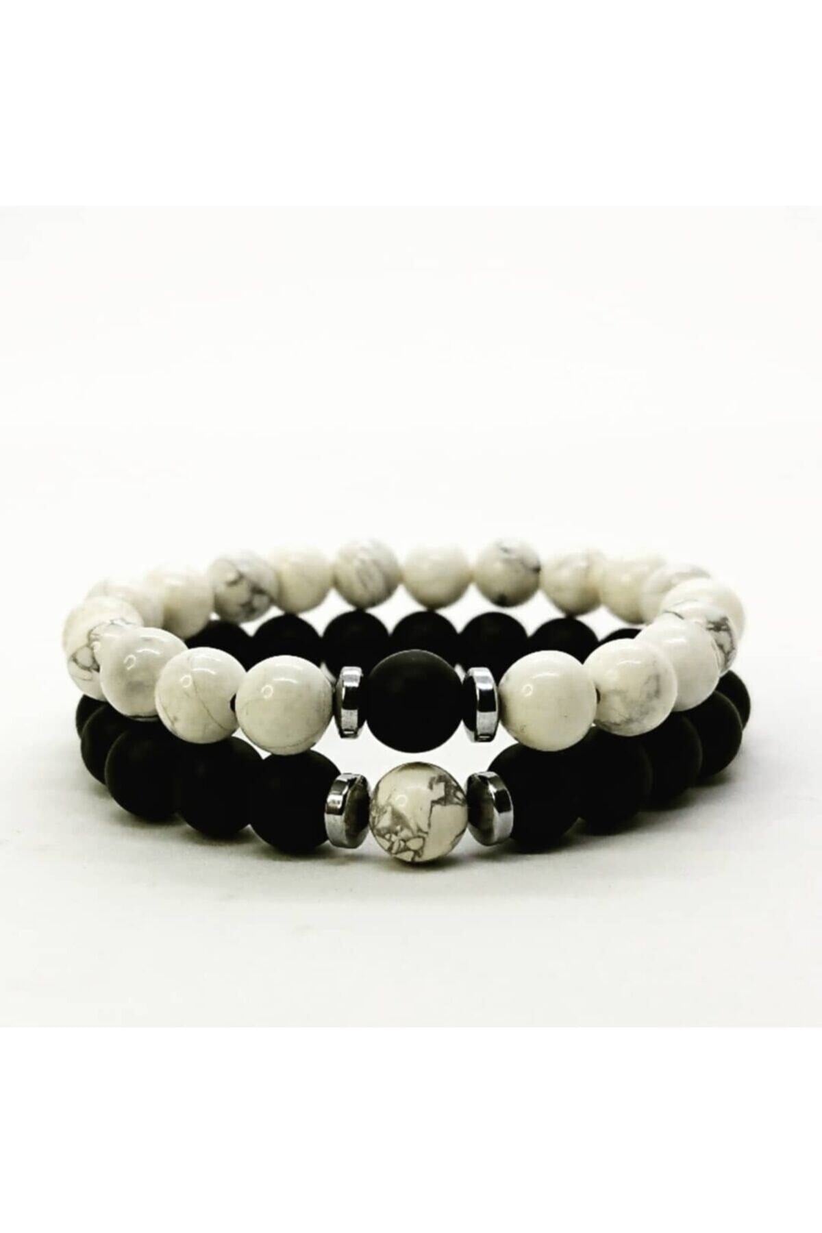 (H)unisex Black and White Howlite & Onyx Lover Bracelets