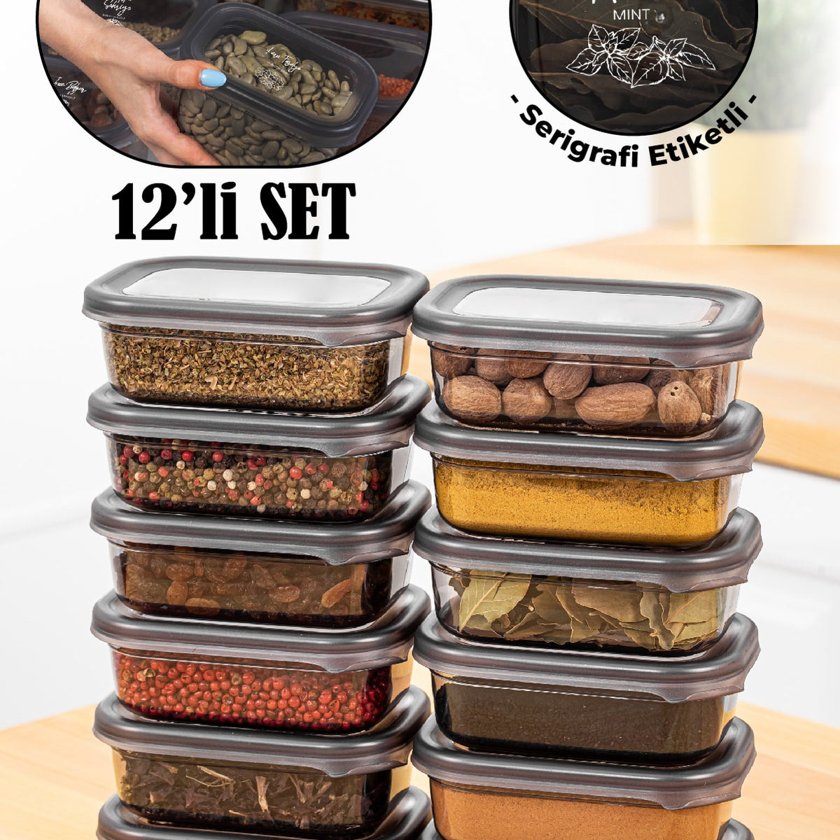 Peggy Rectangular Spice Storage Container Set of 12 with White Screen ...