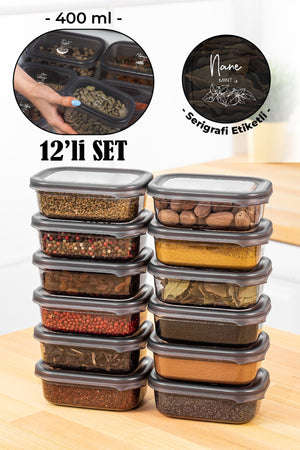 Peggy Rectangular Spice Storage Container Set Of 12 With White Screen Printing Label 400 Ml Anthracite