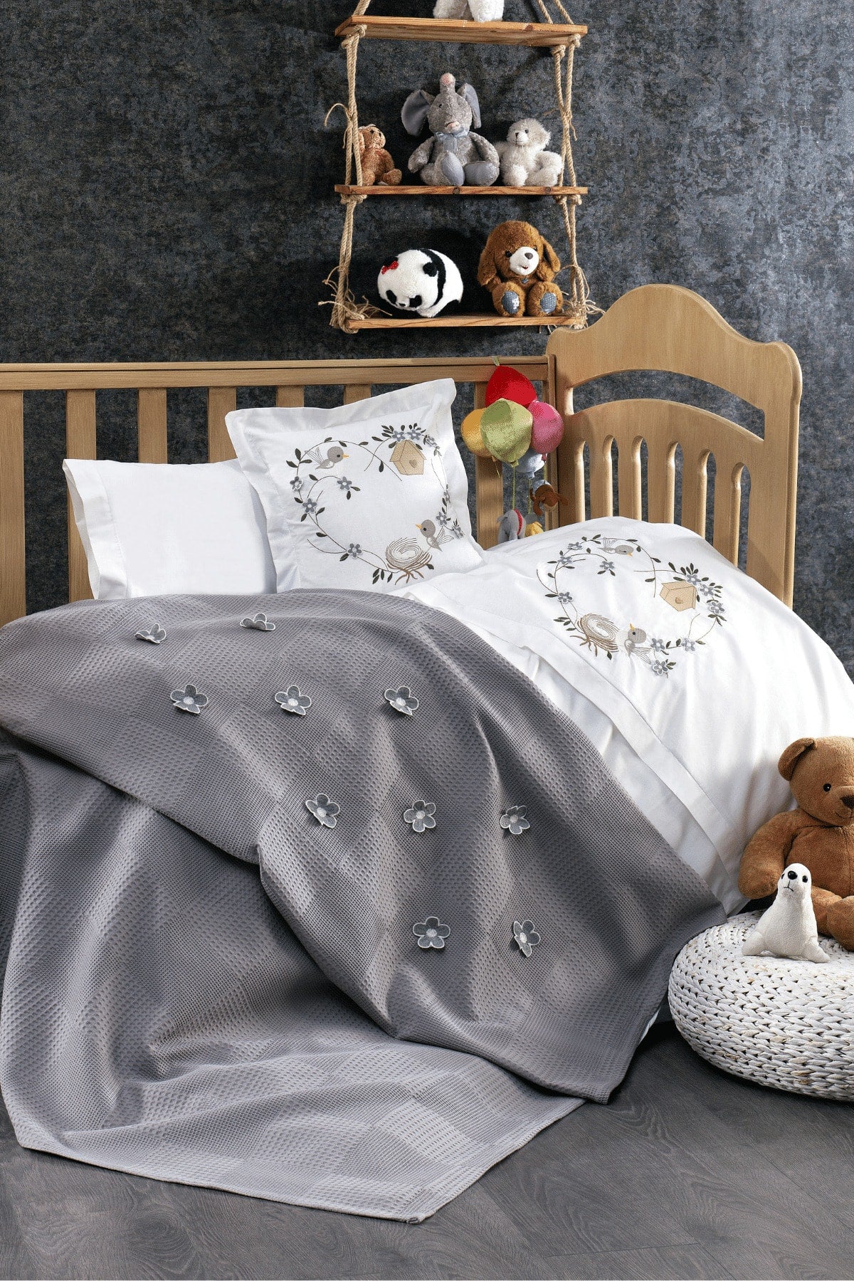 5 Pieces 100% Cotton, 3D Flower And Bird Patterned Cemre Gray Baby Duvet Cover Set