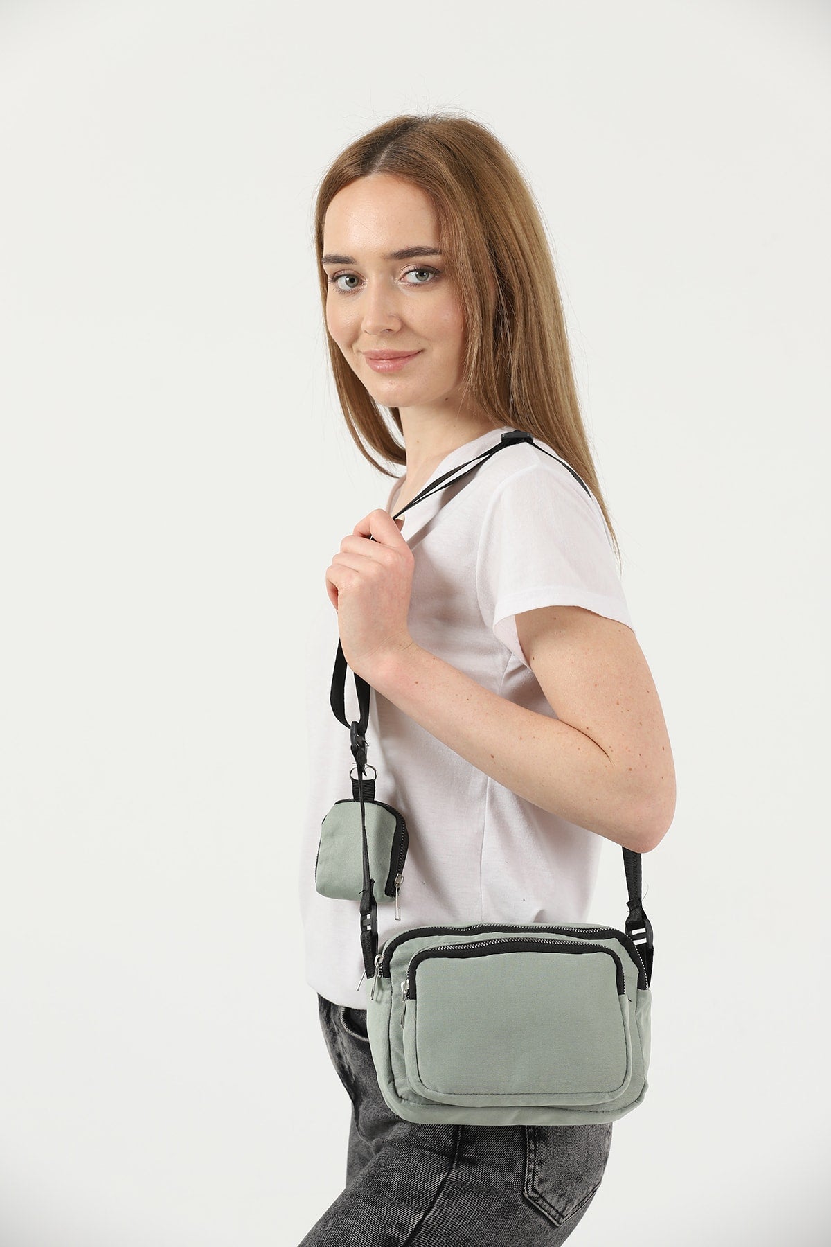 Green U4 Canvas Women's Cross Shoulder Bag With 2 Compartments And Wallet With Adjustable Strap B:17 E:22 G:12