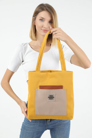 Mustard/Tile/Mink U22 3-Compartment Front 2 Pockets Detailed Canvas Fabric Daily Women'S Arm And Shoulder Bag B: