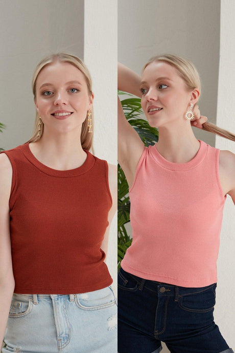 Women's Tile Powder Halter Collar 2 Piece Crop Blouse - Swordslife