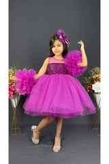 Chiffon Robe Pompom Sleeve Sequined Girls Fluffy Skirt Tulle Evening Dress Purple