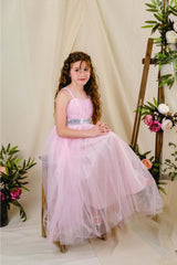Girl's Satin Evening Dress with Back Gipe and Tulle Pink