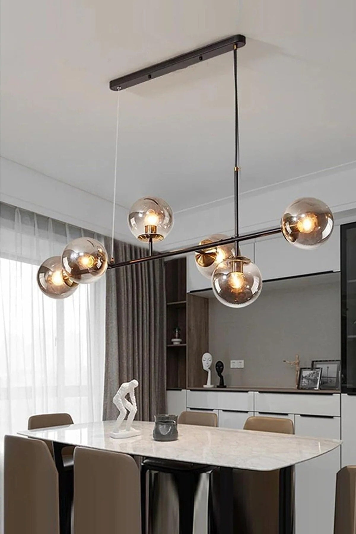 Rikardo Modern Black Case Gold Detailed Smoked Globe Glass Chandelier With 6 Rows