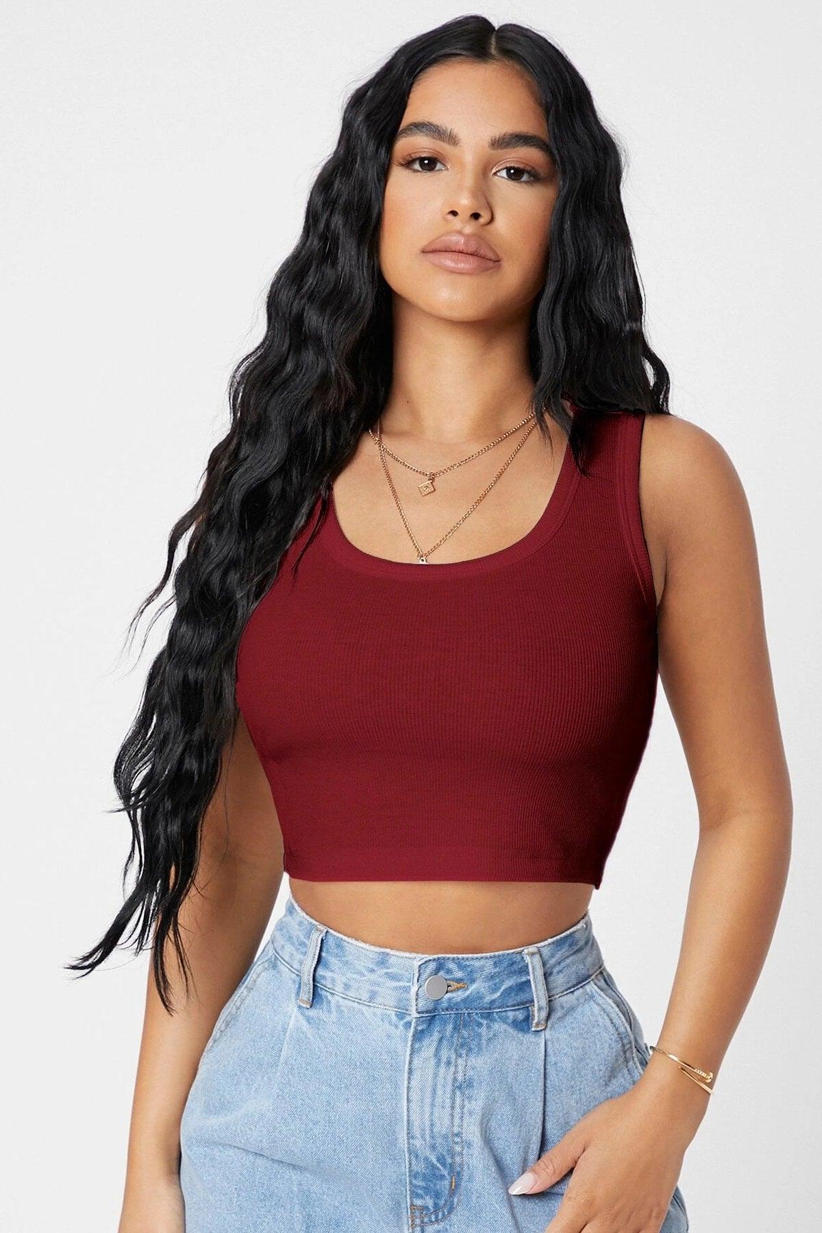 Women's Burgundy Square Neck Crop Top Blouse - Swordslife