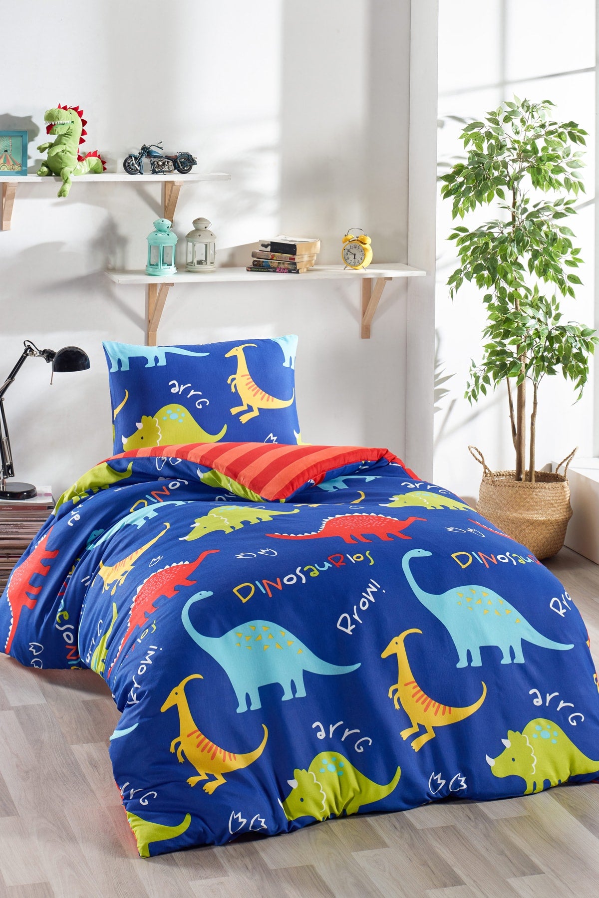 Junior Duvet Cover Set Single Dinosaur Blue