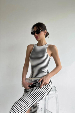 Black and White Striped Midi Length Pencil Dress (zck0486) - Swordslife