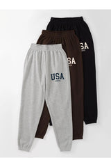 3-pack USA Printed Jogger Sweatpants - Black Gray And Brown Elastic Leg High Waist Summer Summer