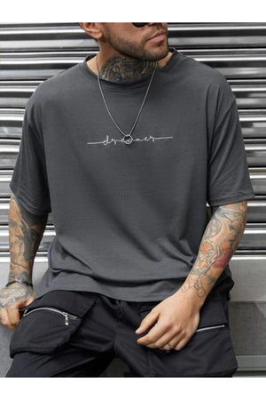 Black Sokak Men'S Anthracite Dreamer Printed Oversize Crew Neck Tshirt