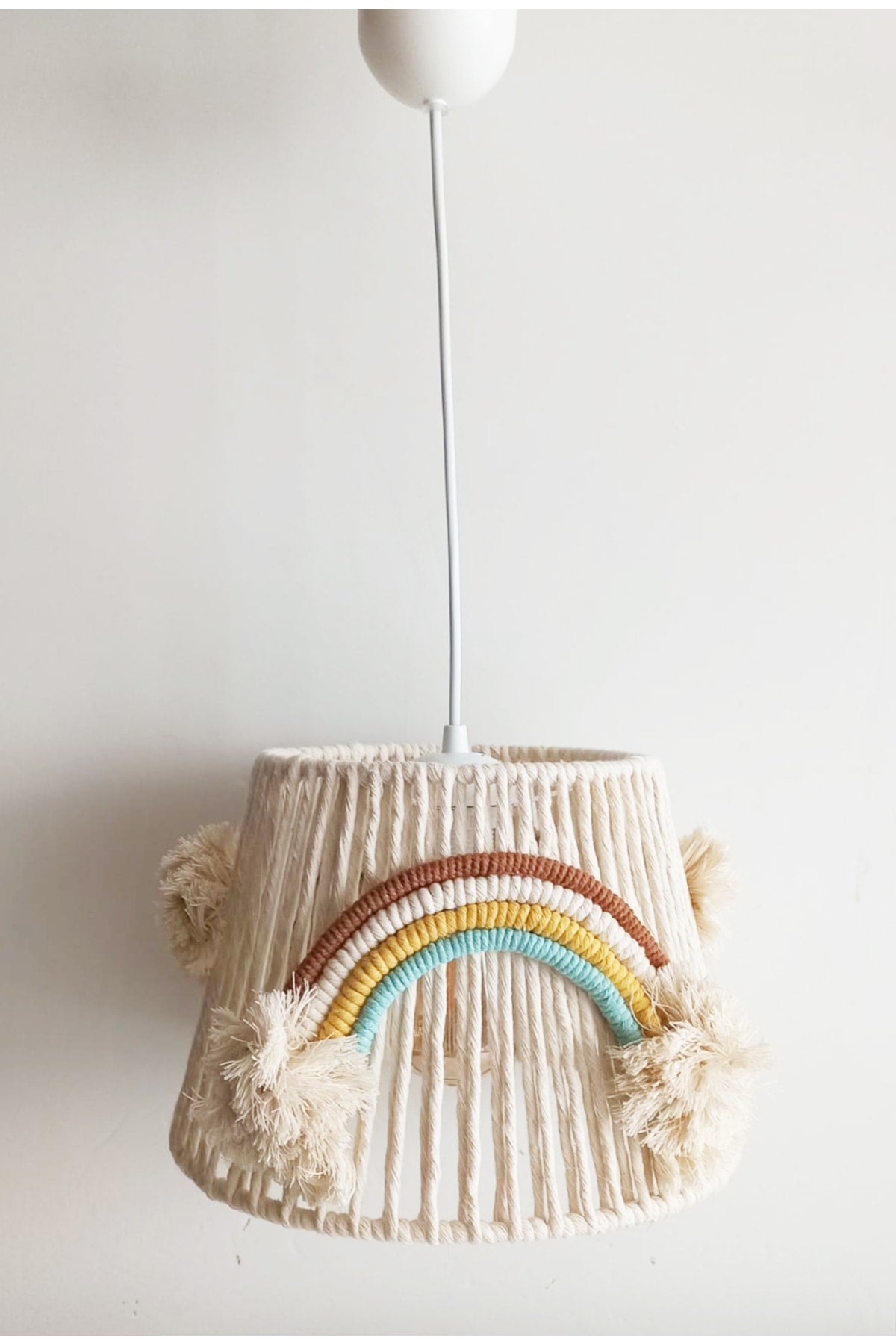 Makramee-Kordelwickel, Regenbogen-Applikationen, handgefertigt, Pompom, Kronleuchter für Baby- und Kinderzimmer (18)