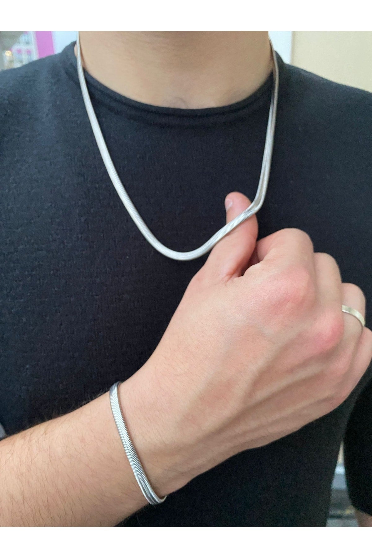 Herren Stroh Modell Halskette Armband Set Silber Grau Farbe Stahl