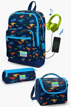 Kids Navy Blue Dinosaur Patterned Usb 3 Pcs School Bag Set Set0123289