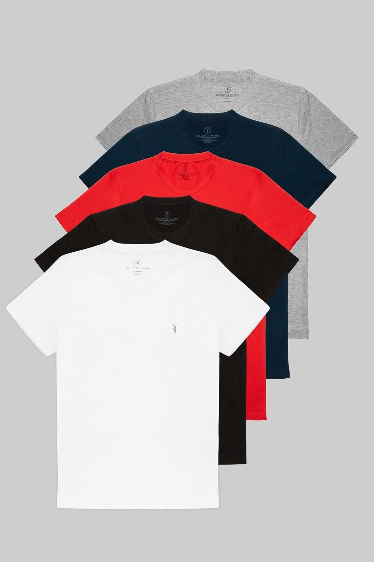 Herren T-Shirt-Set, Schwarz, Weiß, Rot, Marineblau, Grau, 100 % Baumwolle, 5 Stück