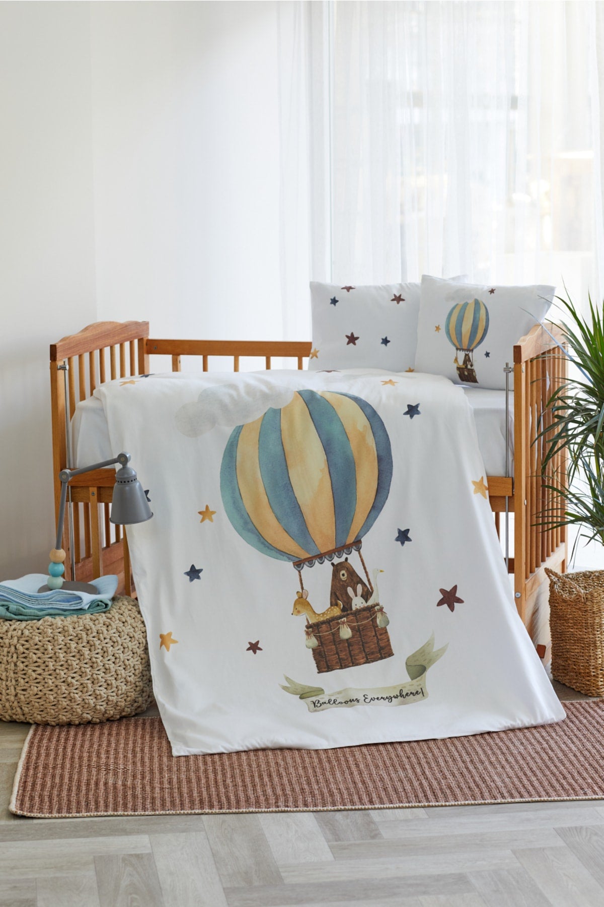 Organic Printed Cotton Satin Baby Duvet Cover Set - Teddy Bear, Flying Balloon And Star Themed