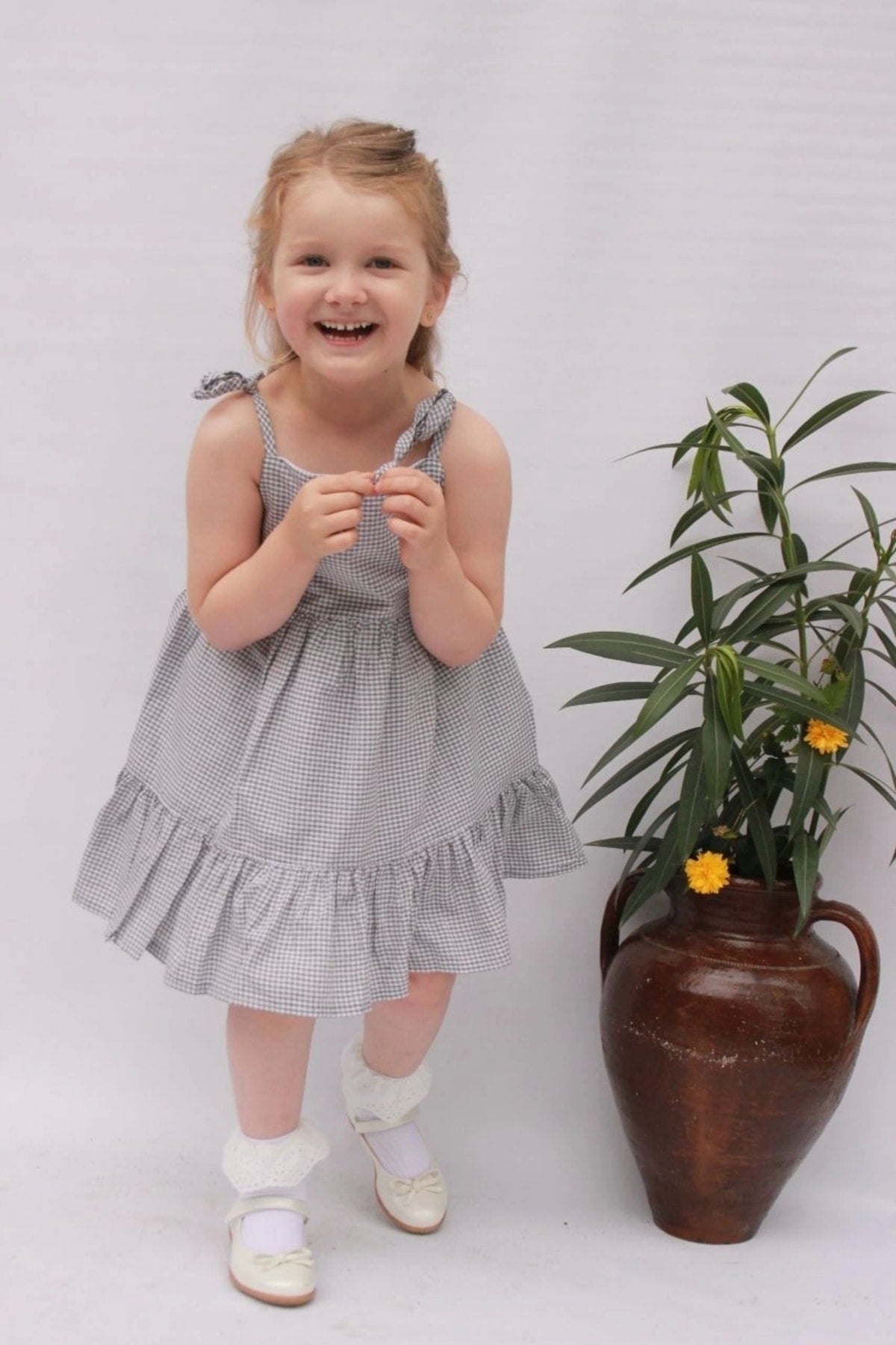 Rope Strap Girls' Check Lined Summer Dress