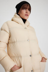 Women's Beige Monica Regular Fit Long Front Button Filled Waterproof Fabric Hooded Coat Tbg094 - Swordslife