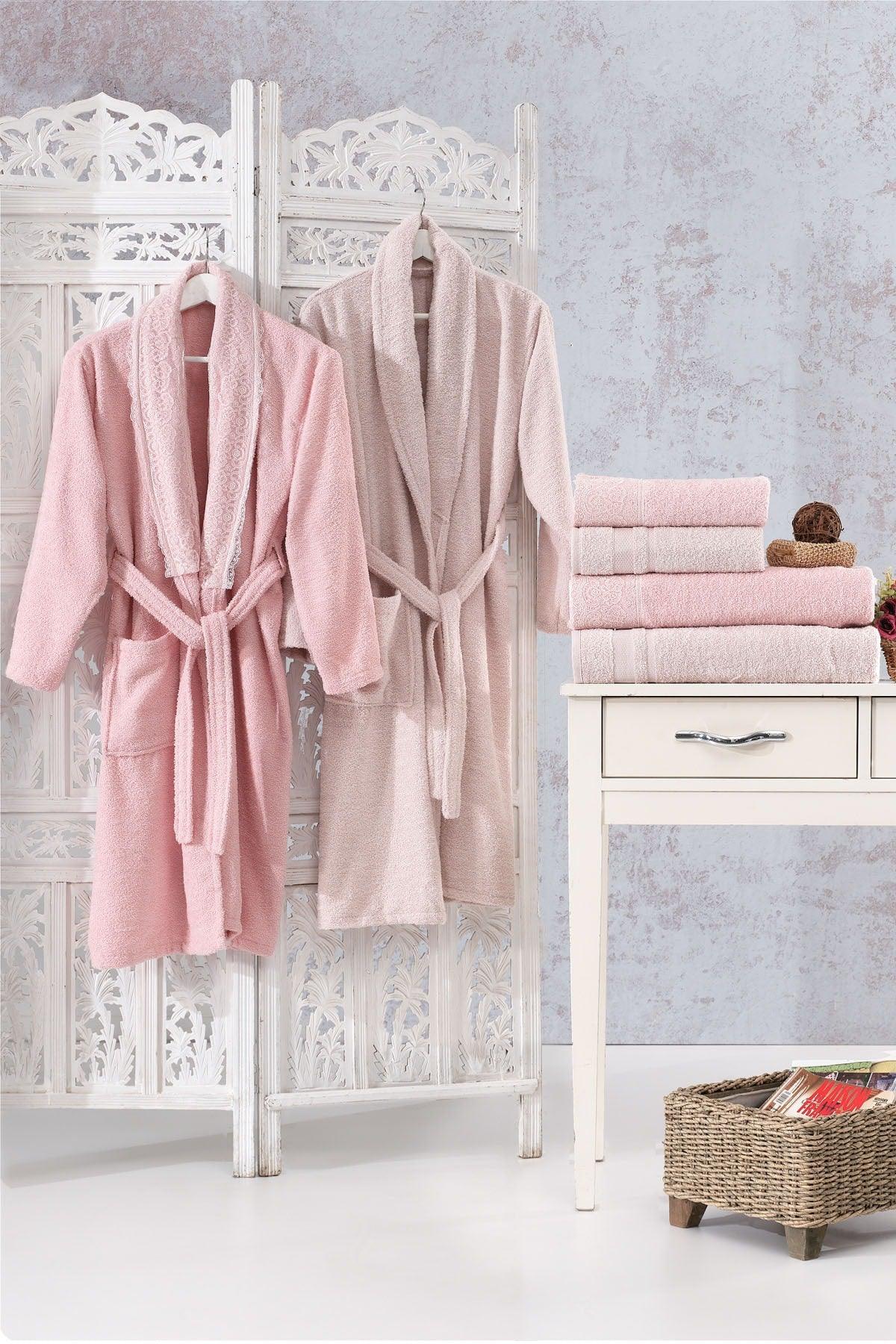 Family Lace Pink & Cappuccino Family Bathrobe Set 6 Pieces Dowry Women Men Bath Towel Set - Swordslife