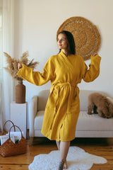 Adult Kimono Bathrobe, 100% Cotton 4 Ply Multi Muslin Mustard - Swordslife